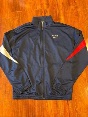 Reebok Navy Windbreaker Jacket with Red & White Sleeve Accents